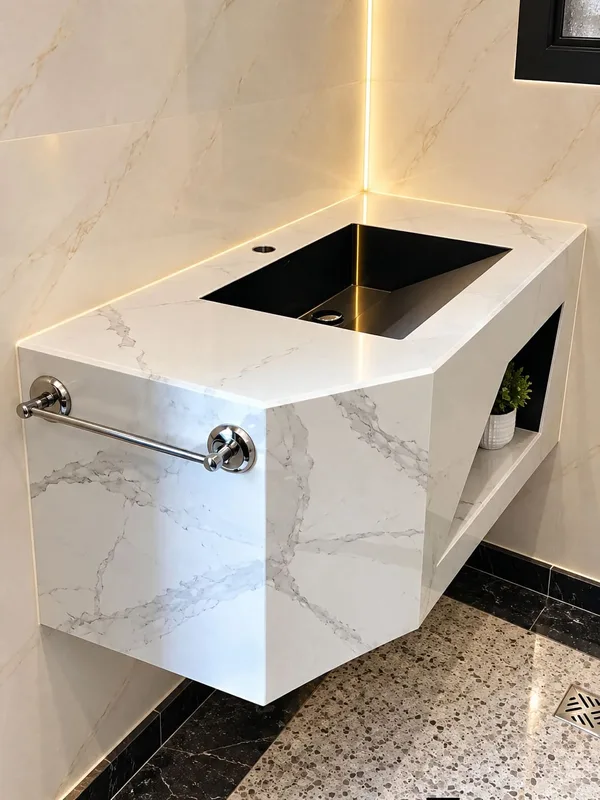 Mueble de lavabo efecto mármol blanco con lavabo negro e iluminación LED